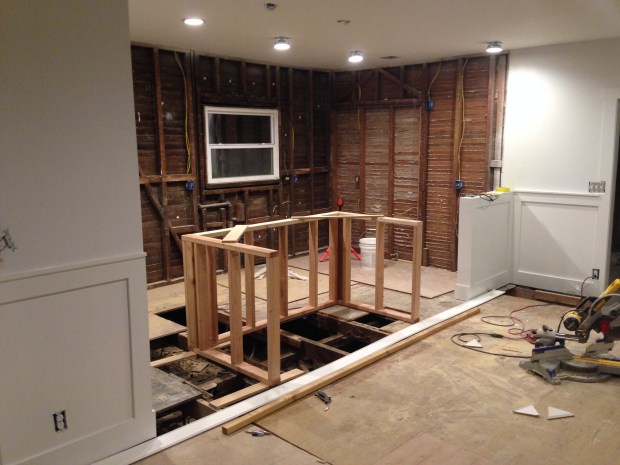 The frame for the kitchen island/laundry center. 