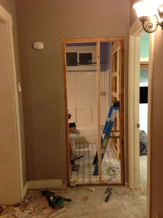 Getting ready to dry wall over the previous bathroom entrance.