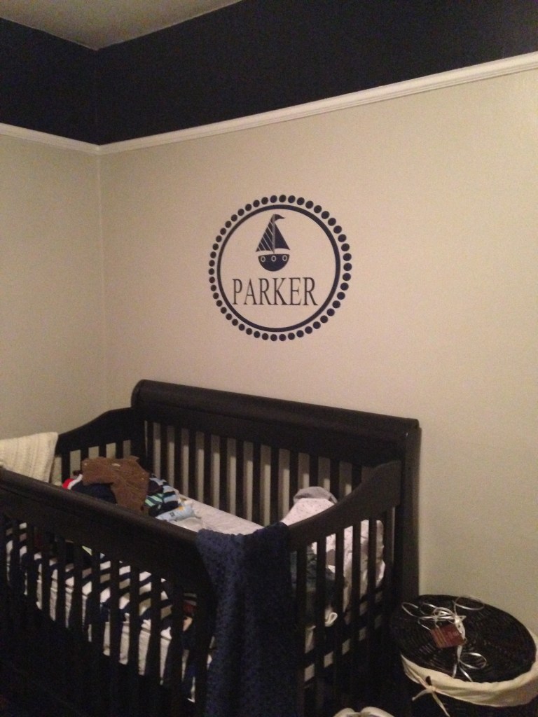Parker vinyl up on the wall (and the newly painted crib)!