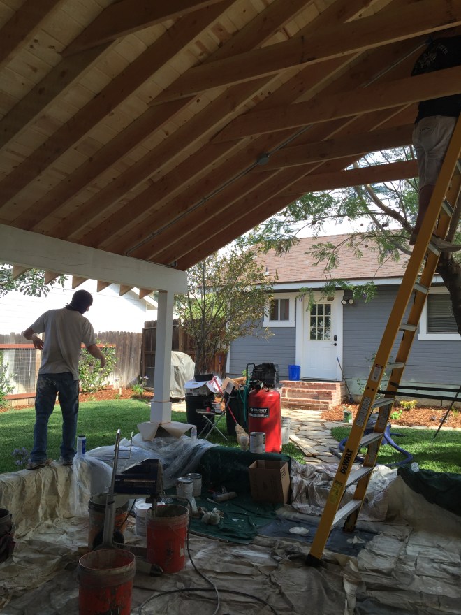 Raw wood ship lap ceiling, prior to stain (WEST SIDE).