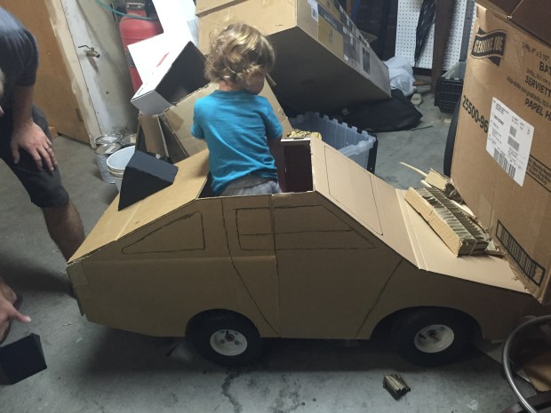 Kevin began building the Delorean around Parker's red wagon.