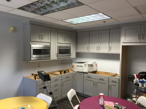 Cabinetry installed! Check out the 2 microwaves! The teachers loved that new perk.