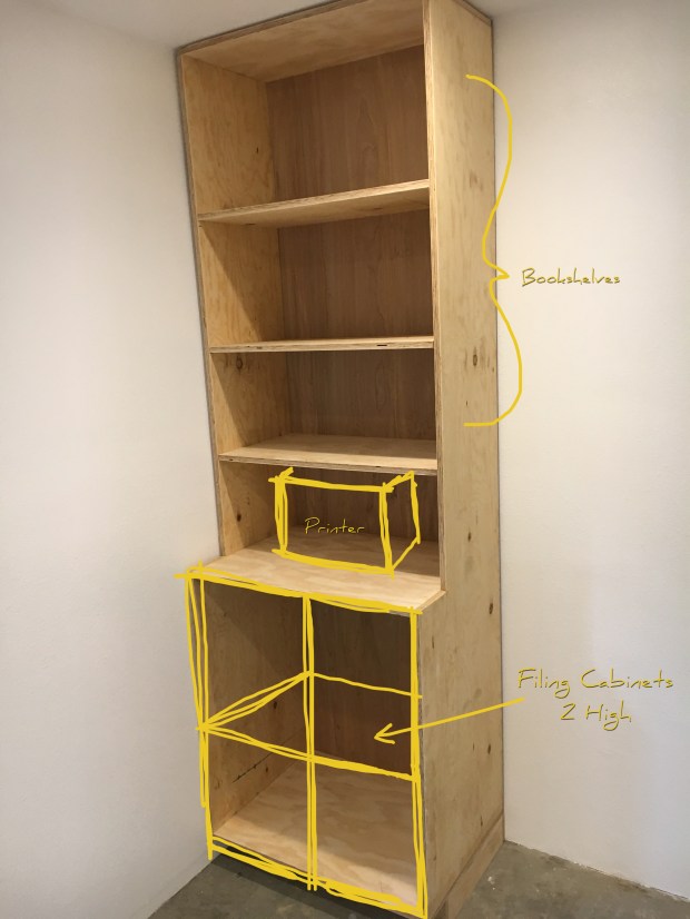 Getting fitted into the space. Next up trim work, doors (for the bottom half which will cover the filing cabinets), and paint!
