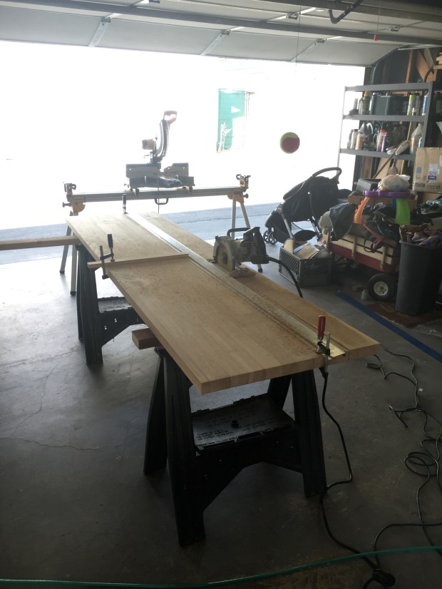 Cutting down the butcher block that will be used for the desktop.